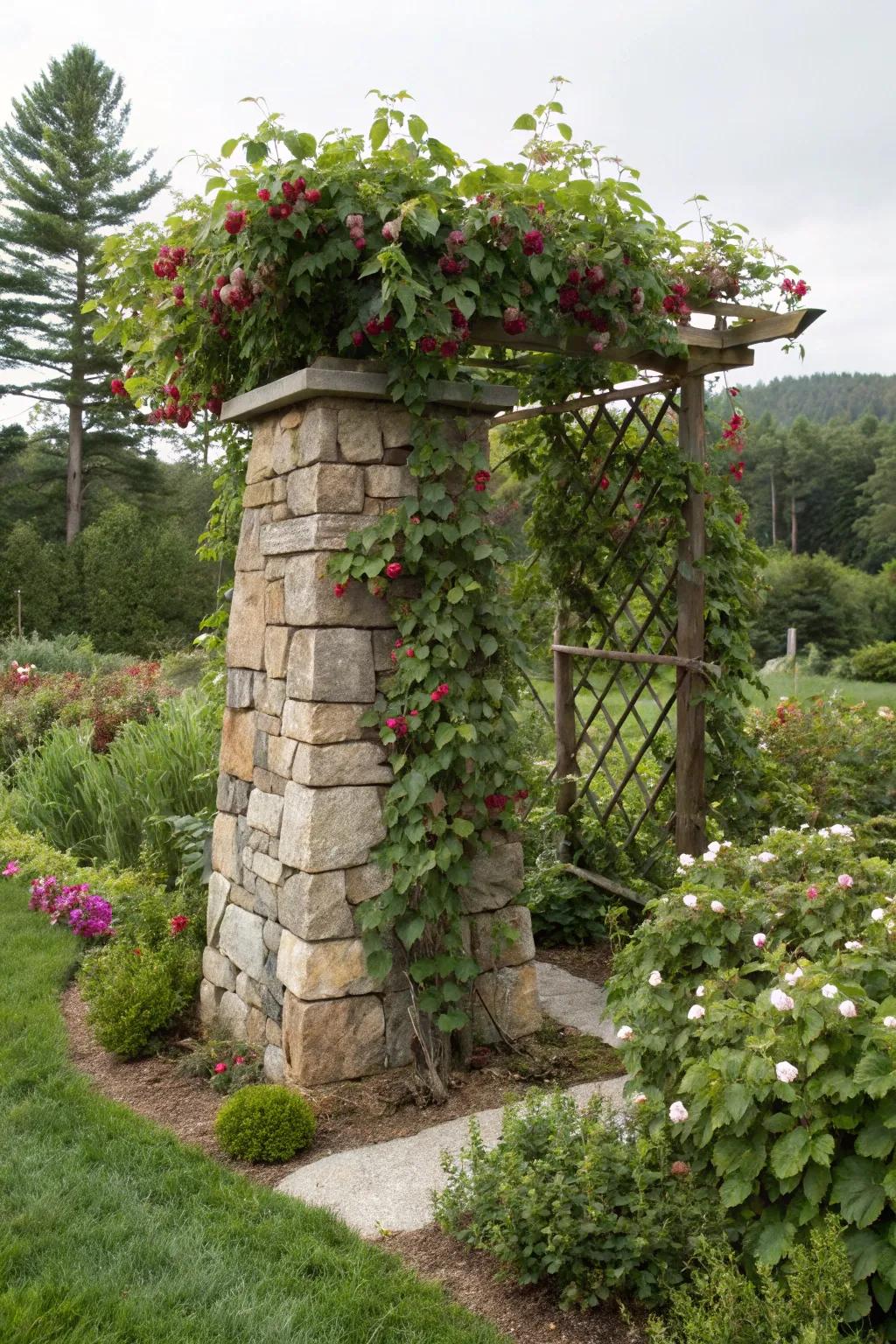 A stone base trellis provides a stable and attractive garden feature.