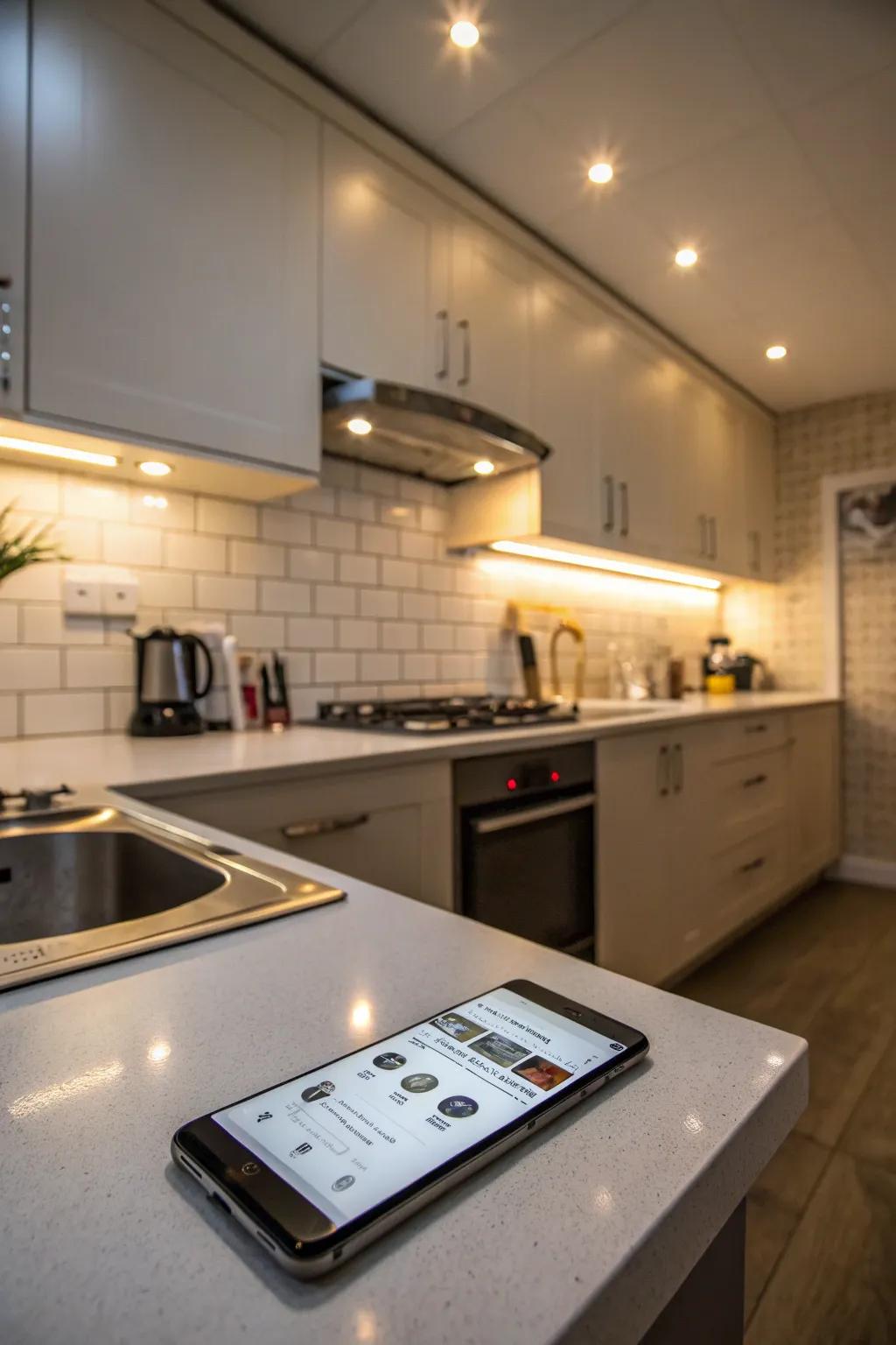 Smart lighting allows for customizable kitchen ambiance.