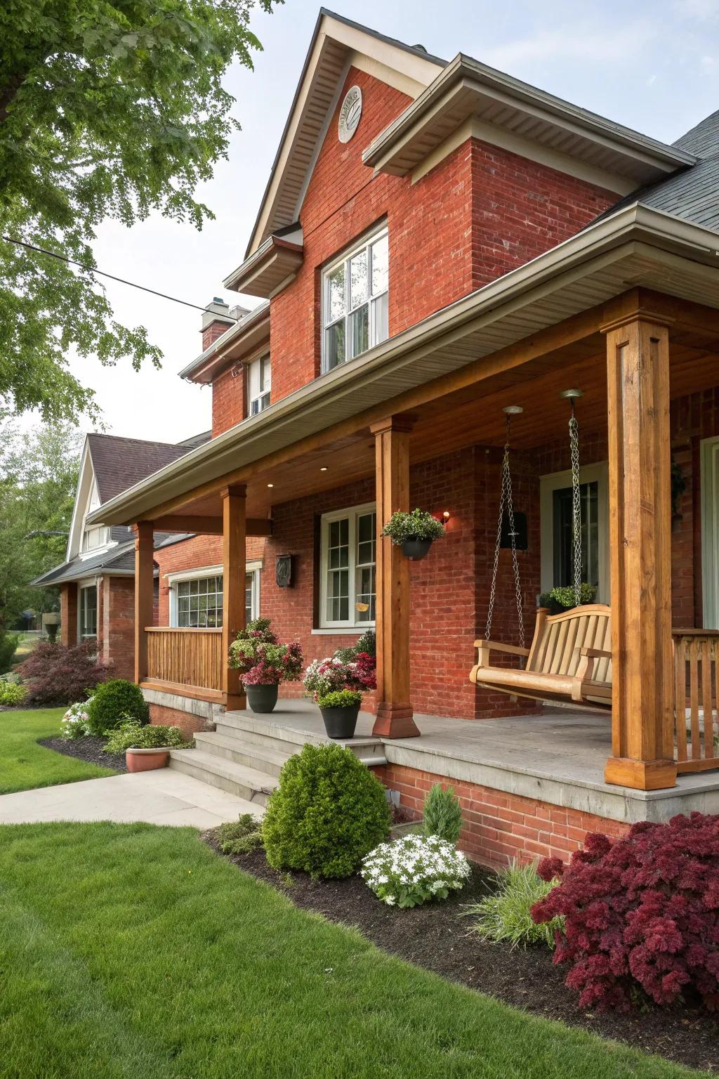 Wood accents add texture and warmth to this red brick porch.
