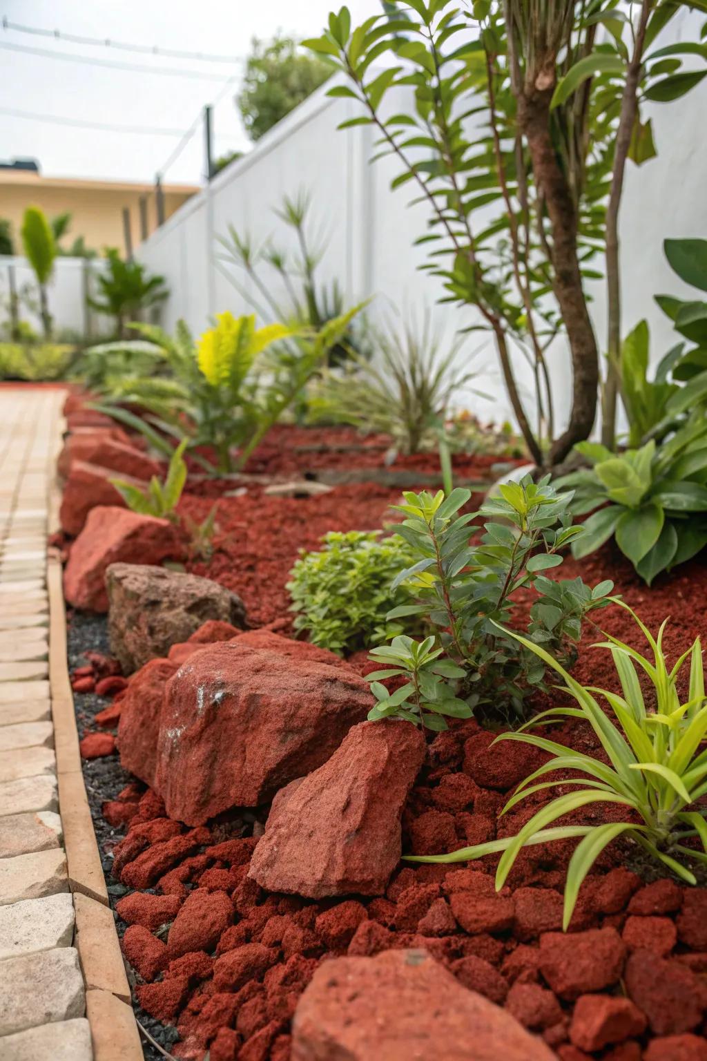 Red lava rocks provide a sustainable mulching alternative in this garden.