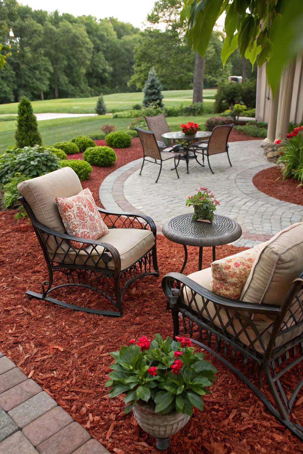 Red mulch frames seating areas, defining cozy spots for relaxation.