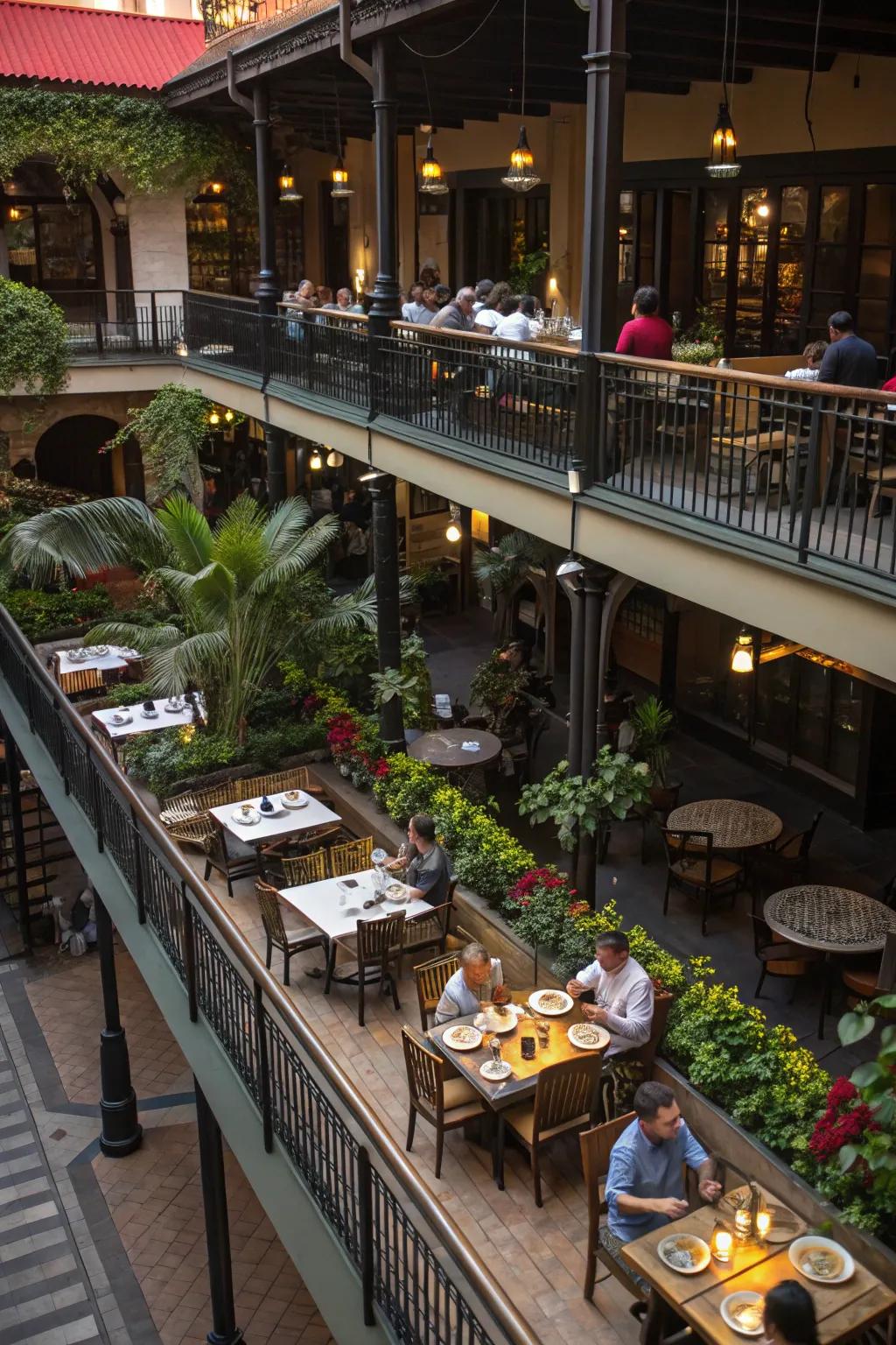 A restaurant patio with a multi-level layout, offering diverse dining experiences.