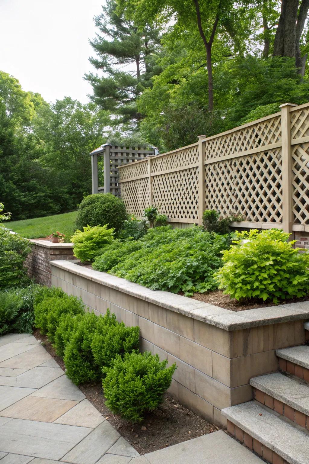 A stylish lattice barrier extending solitude within a backyard.