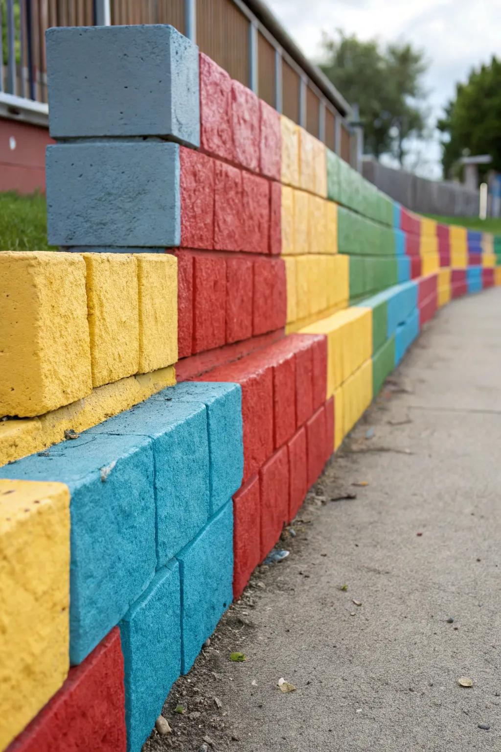 Chromatic concrete blocks infuse playful tones into retaining walls.
