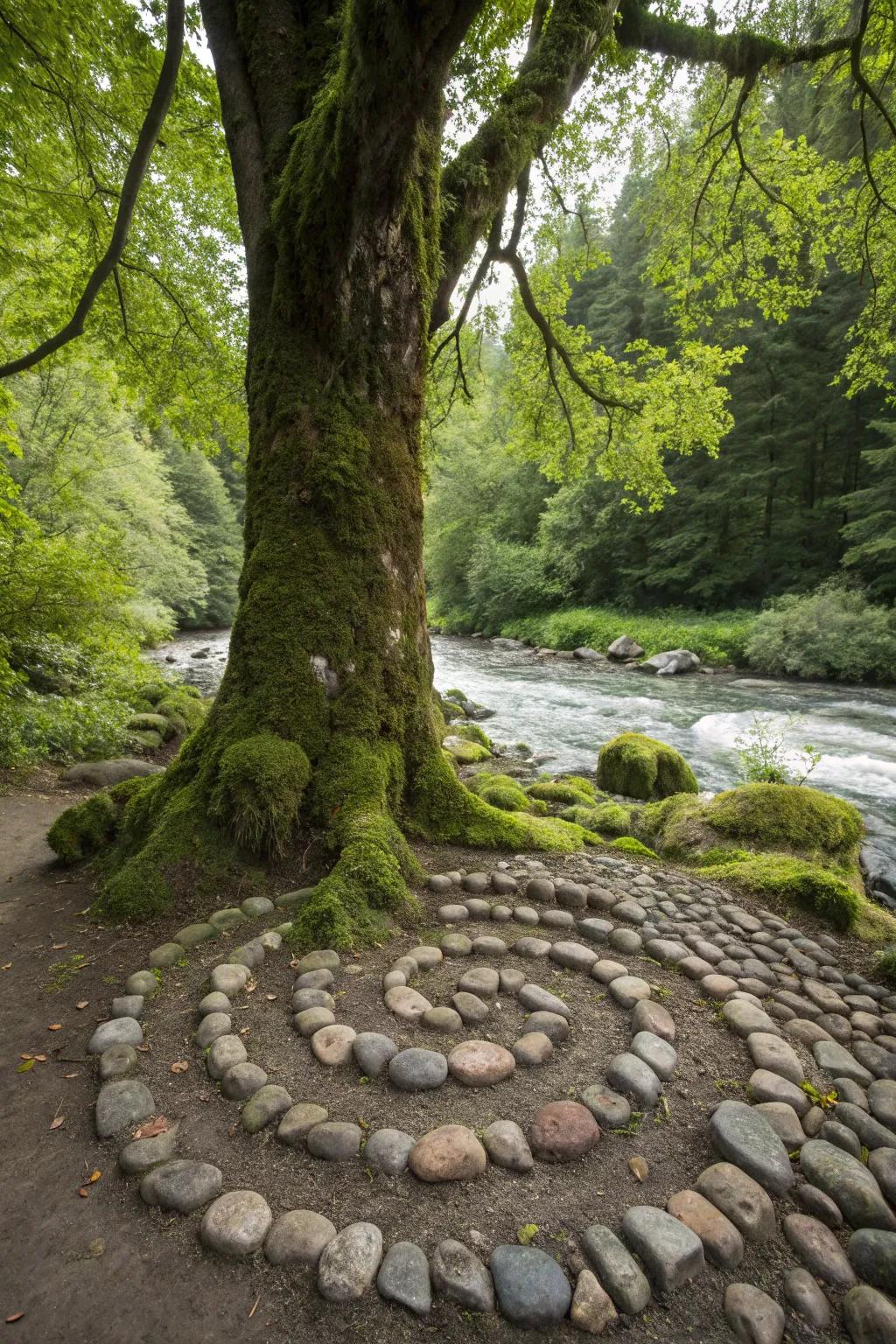 Stream stones accentuate and protect the base of this tree, adding elegance to the landscape.