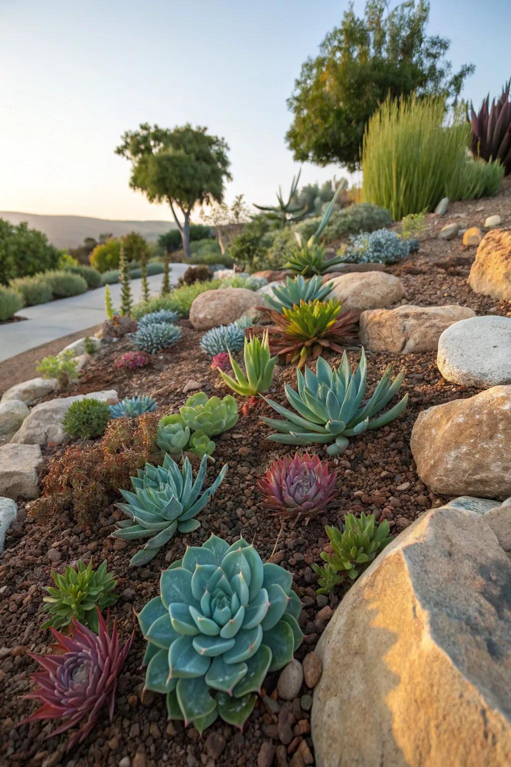 Succulents combined with rocks and mulch create a modern garden.