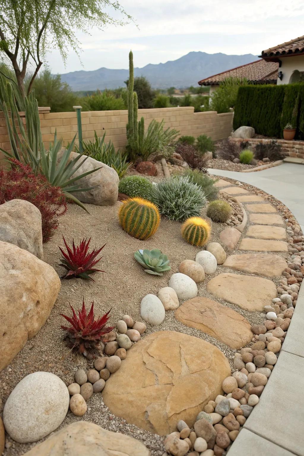 Desert-inspired stone edging paired with succulents for a low-maintenance garden.