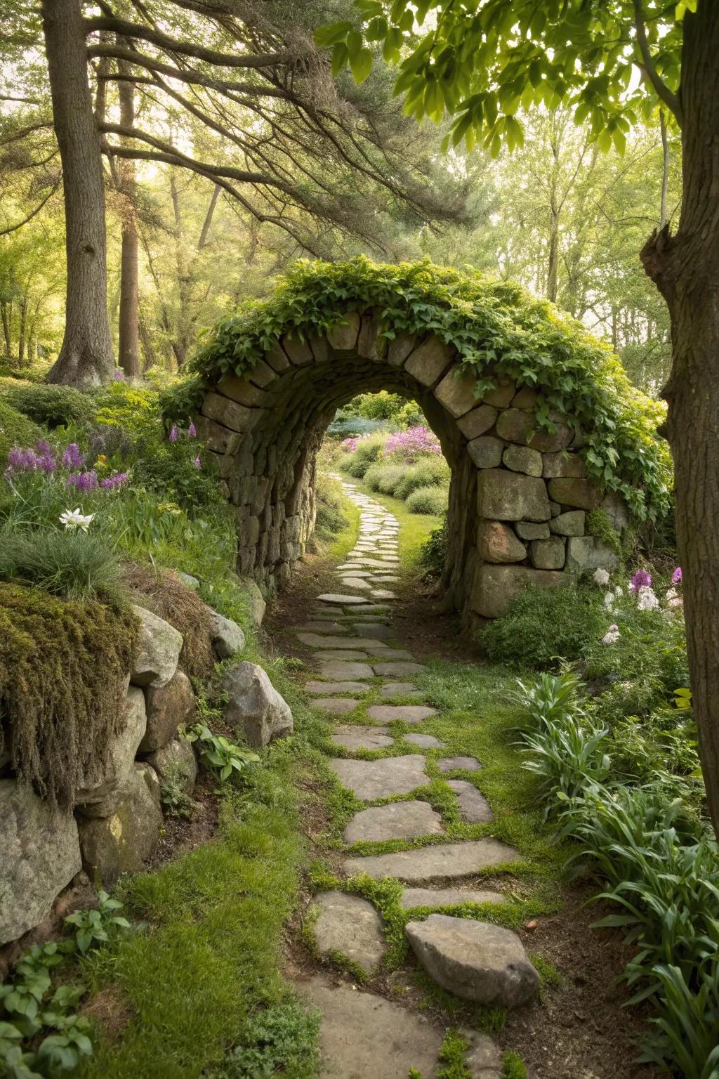 Rock tunnels inspire adventure and discovery in the garden.