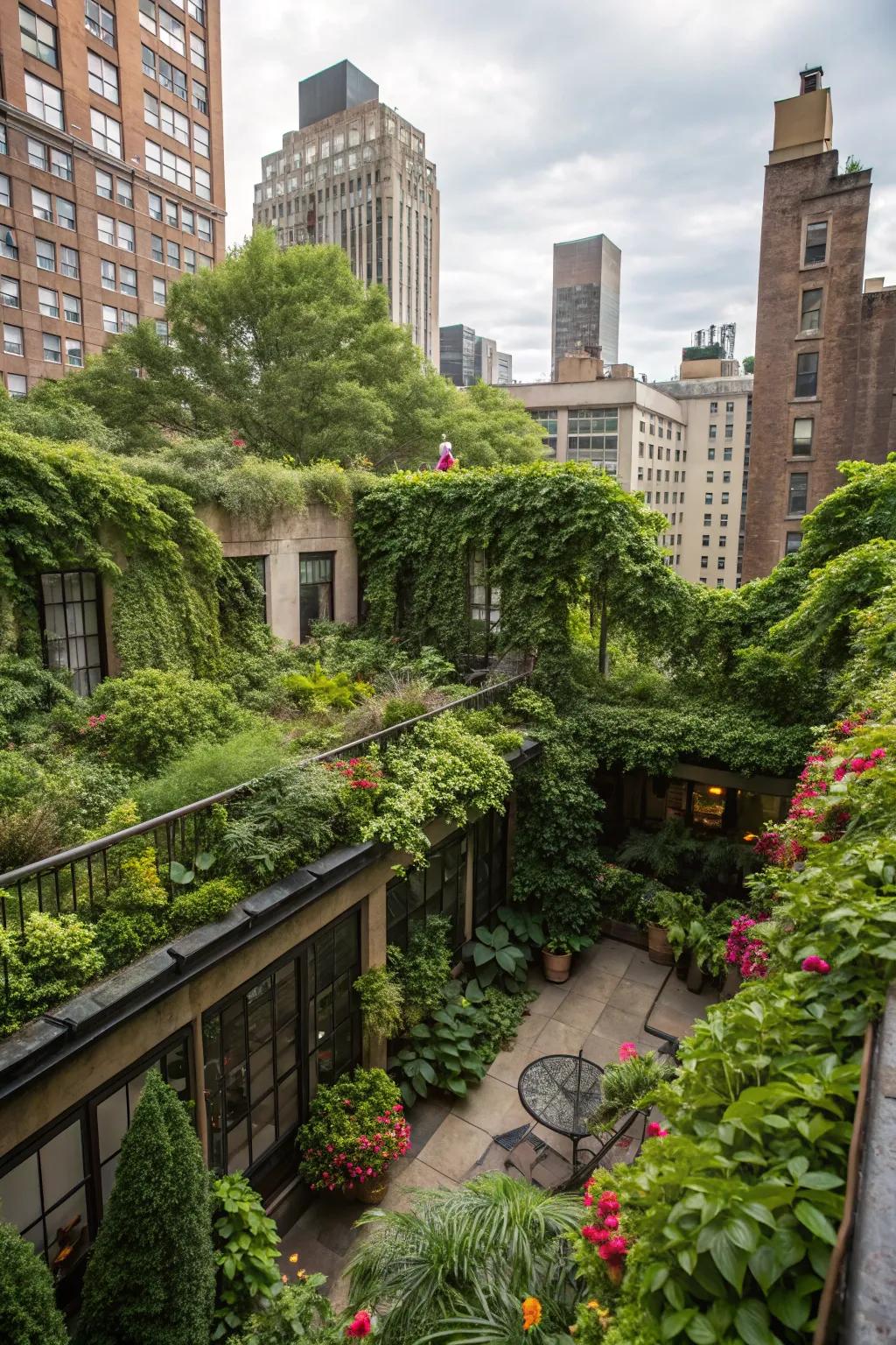 An urban jungle provides a lush, tropical escape in the city.