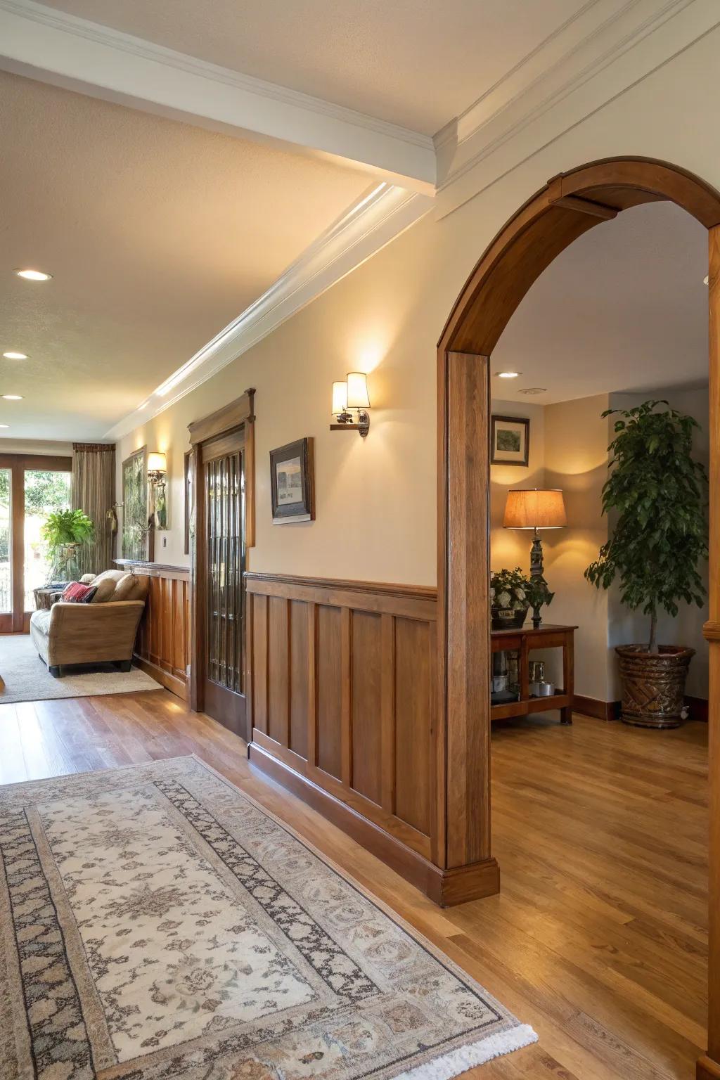 An entranceway highlighted by a half wall, offering a warm shift into the living room.