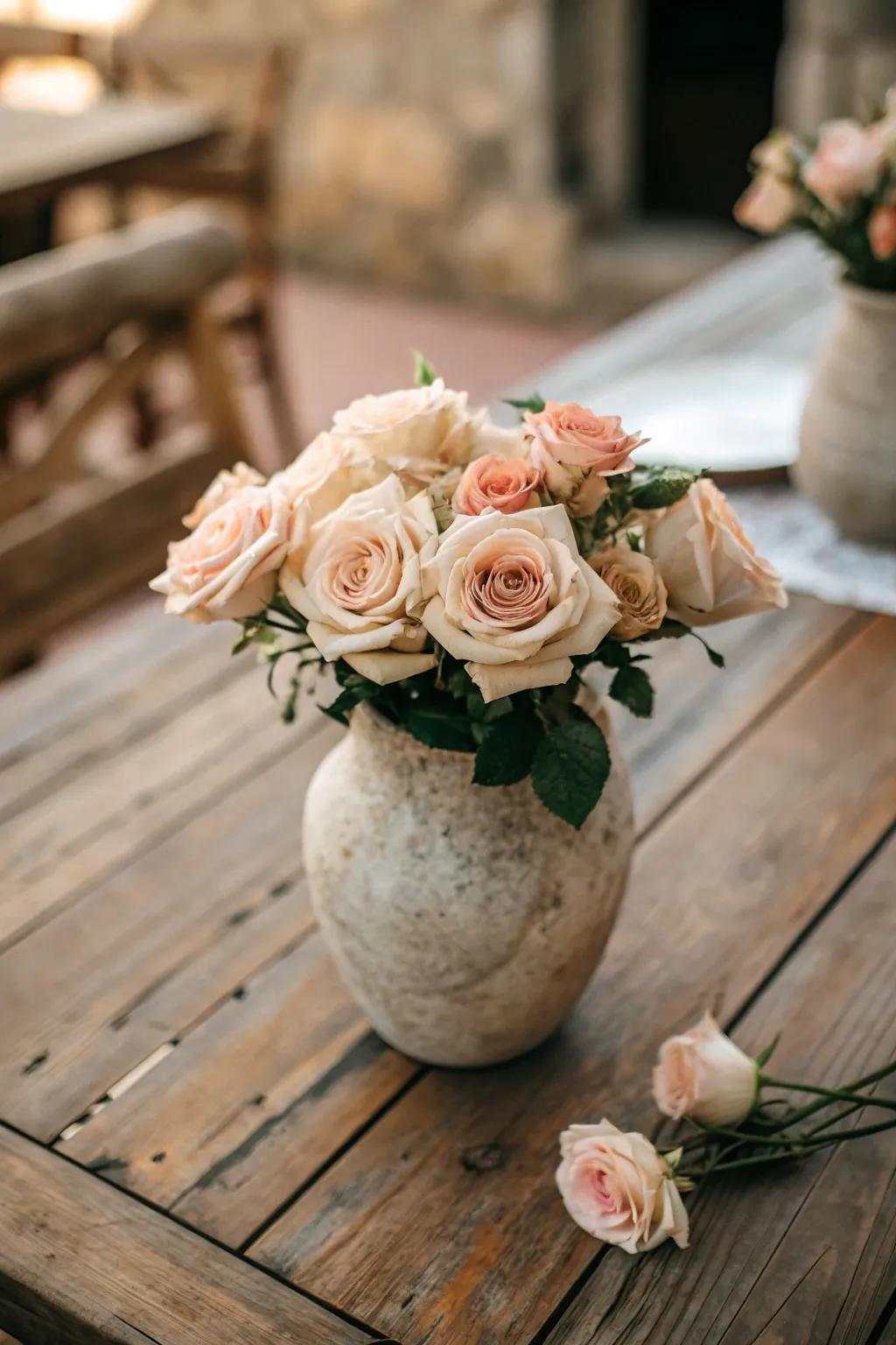 Earthy elegance by way of an inherent stone vase coupled with roses.