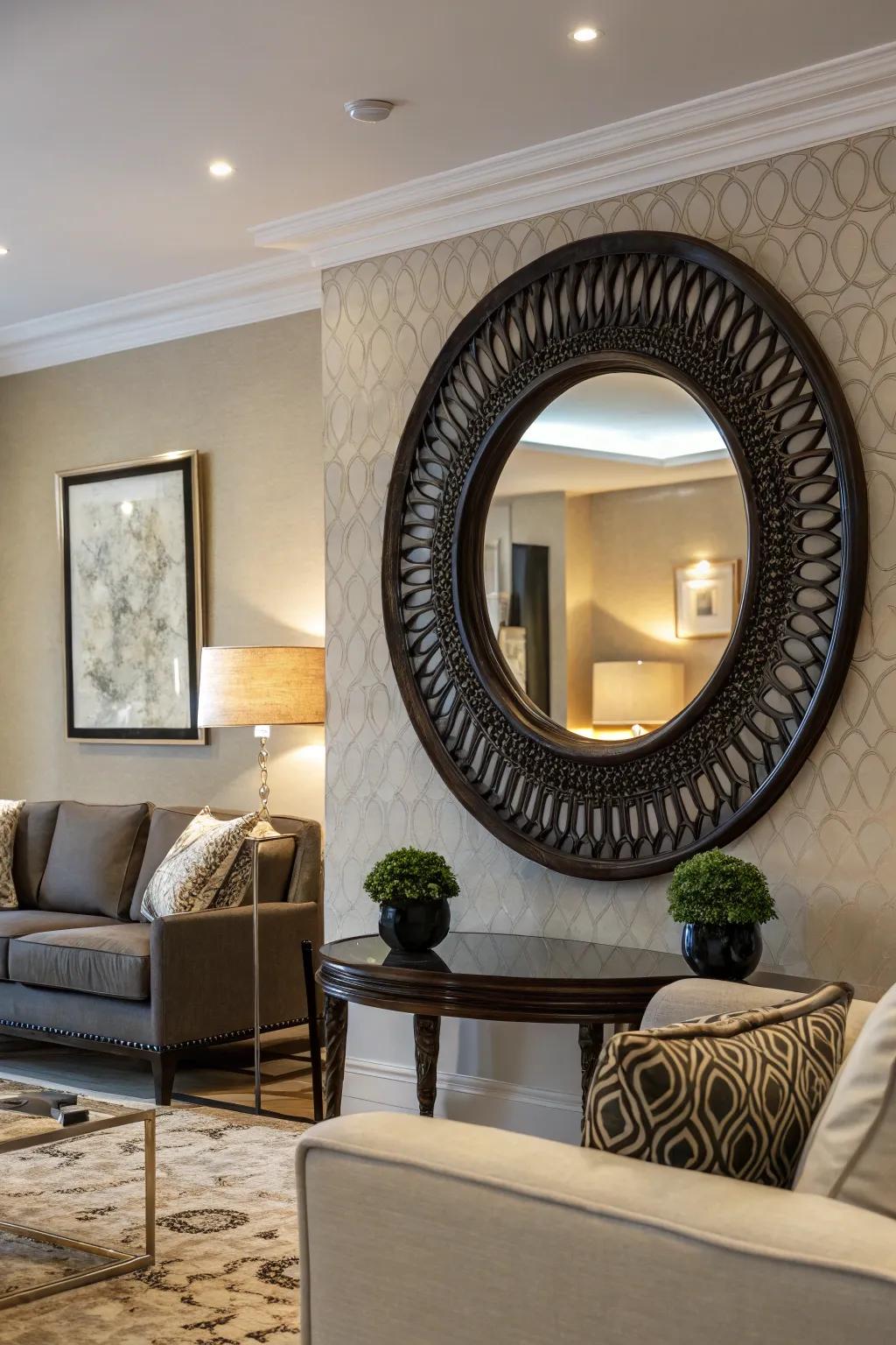 Intense contrast achieved by a bold-framed circular mirror.