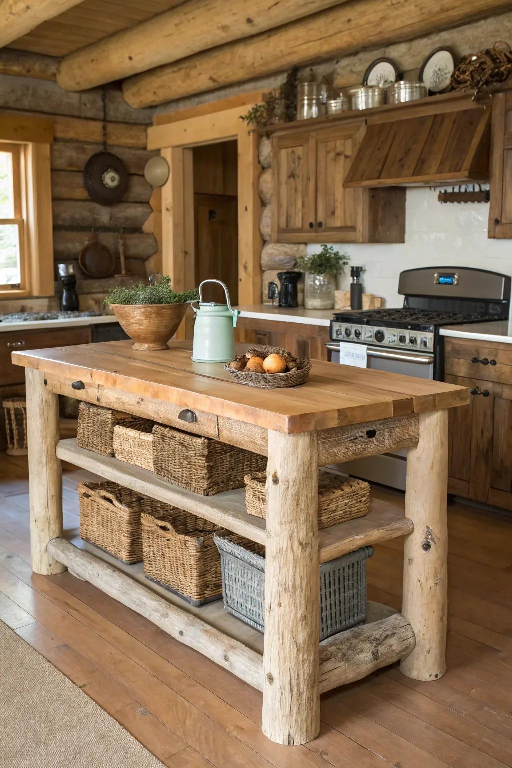 A farmhouse-style cooking space hub that emulates a timber cottage aura through solid log build.