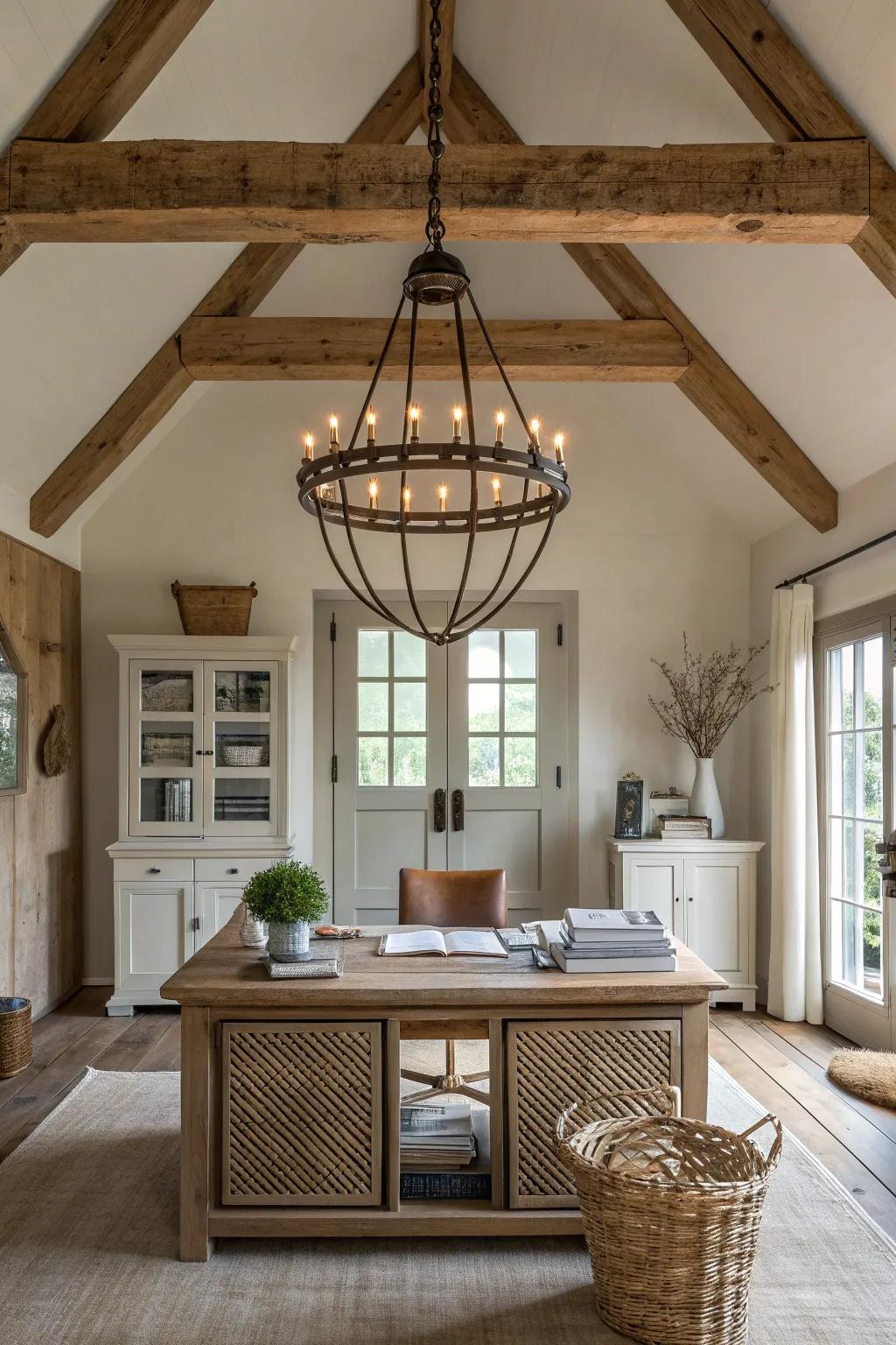 A bold chandelier adds drama to your rustic farmhouse office.