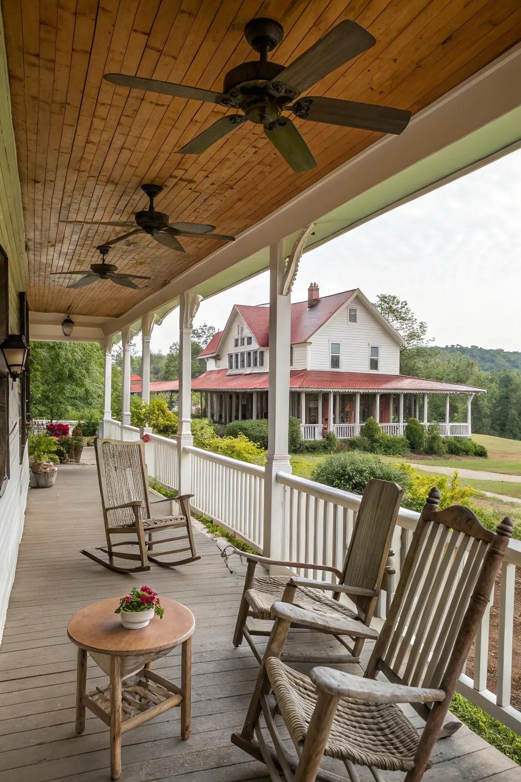 Ceiling fans add comfort and style to this farmhouse porch.