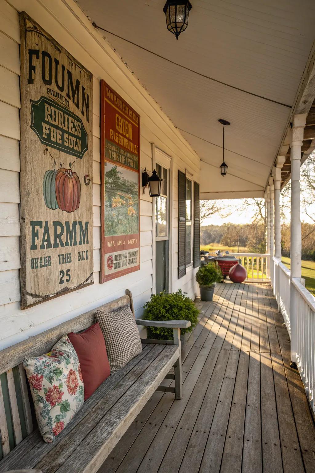 Vintage farm signs add bold, nostalgic charm to a rustic porch.