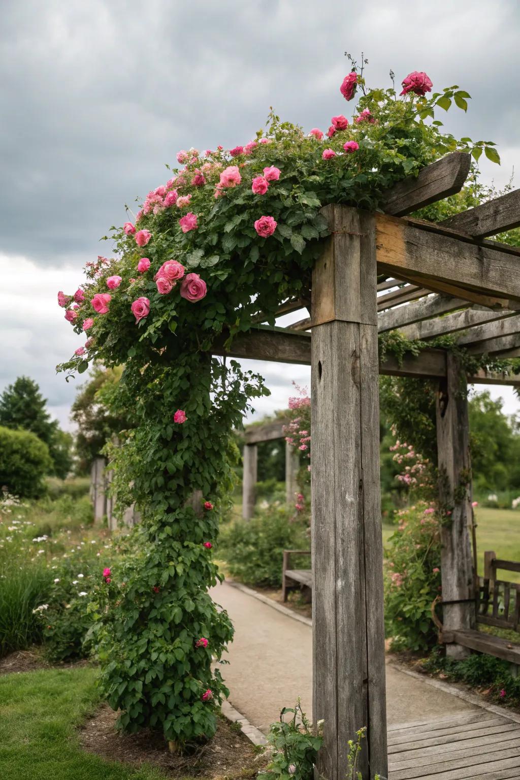 A wooden arbor adding whimsy and charm to the garden.