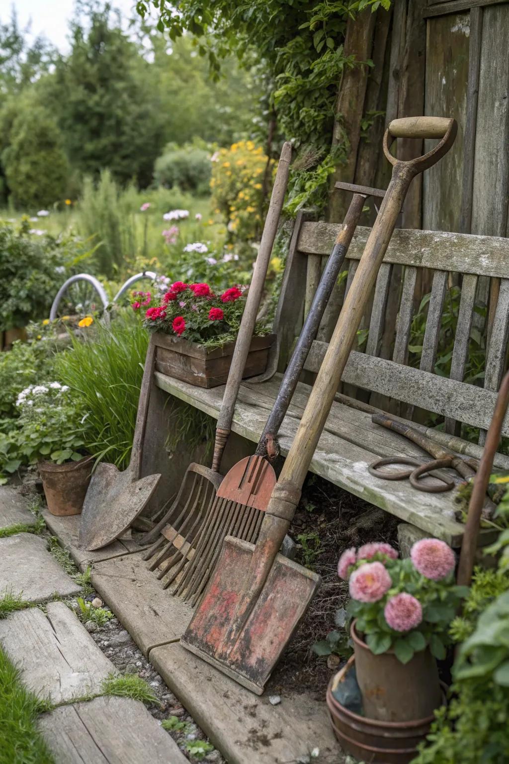 Aged accents add character to the garden.