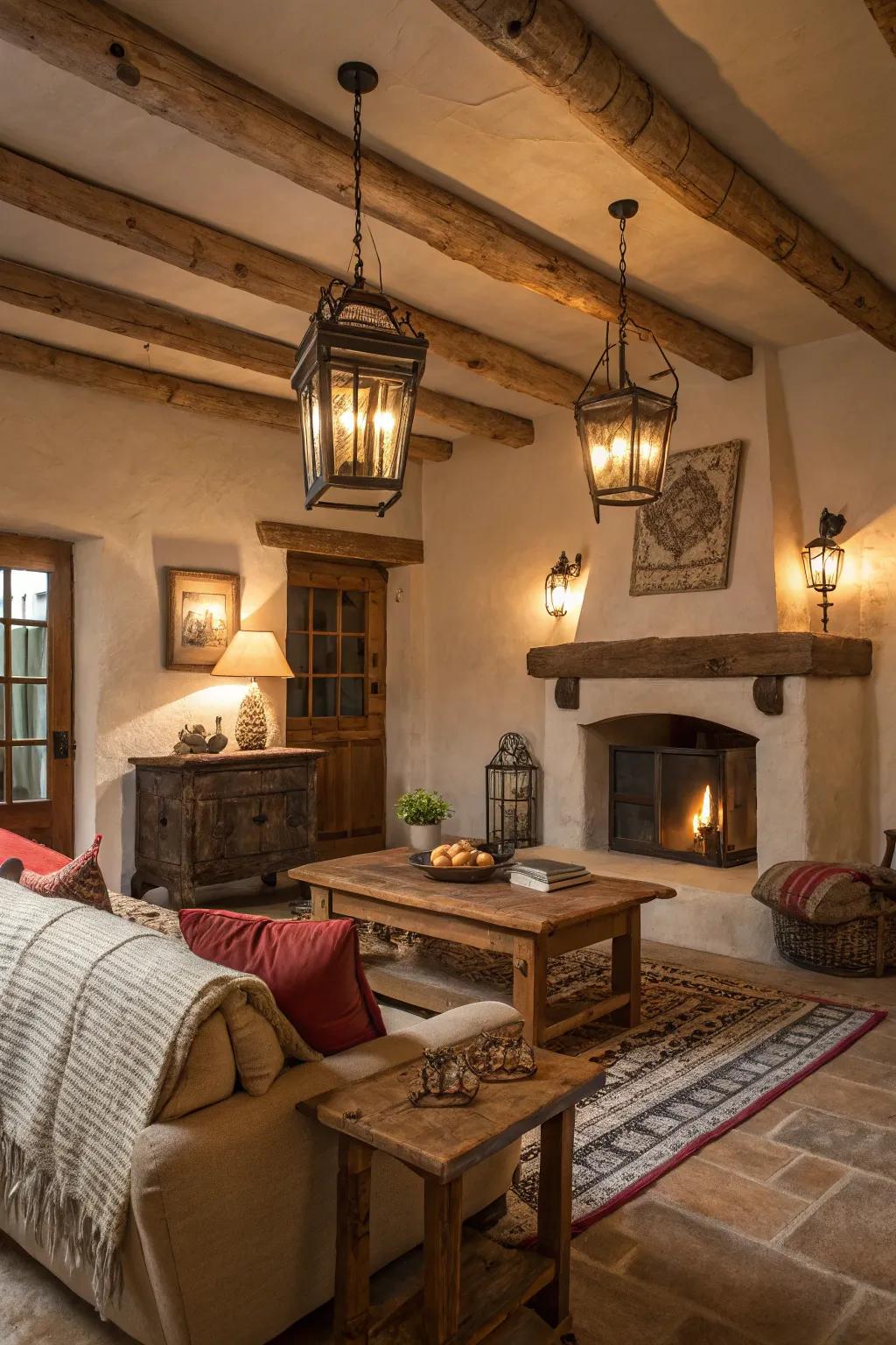 Lantern lighting fixtures bring a quaint, warm glow to rural interiors.