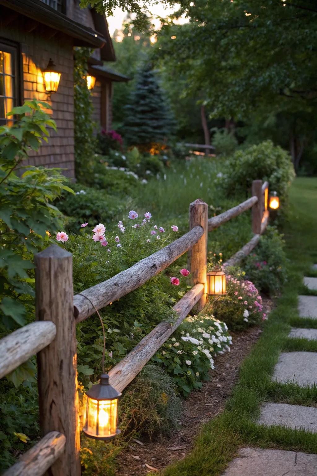 Gentle illumination embedded within a log fence casts a cozy glow over a nocturnal garden.