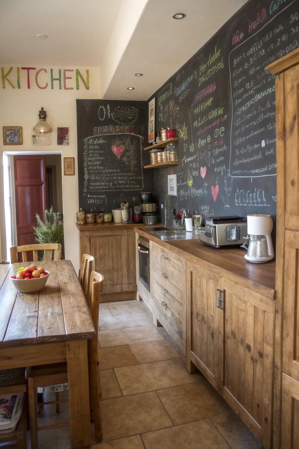 Chalkboard walls offer a creative touch to this farmhouse kitchen.