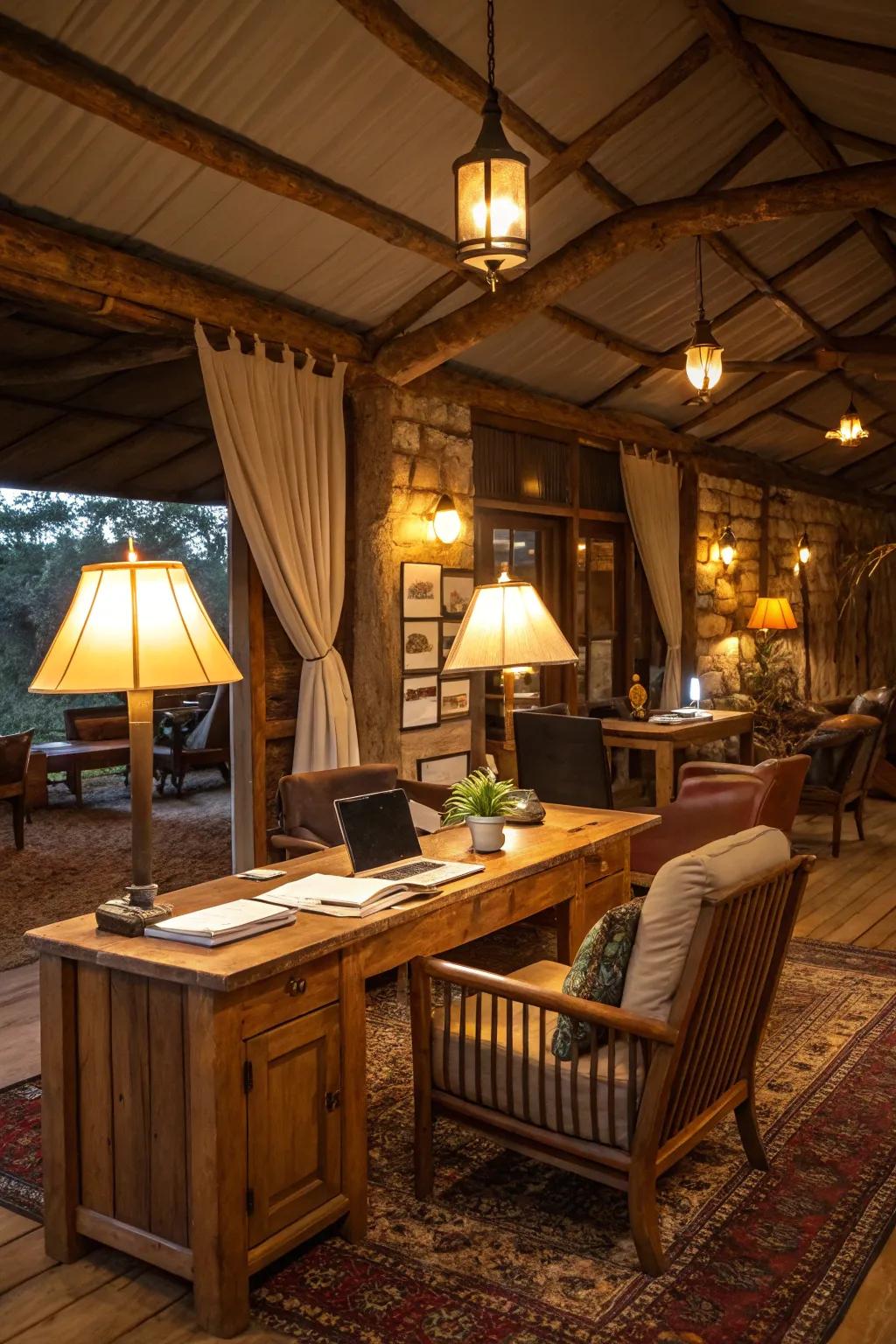 Warm lighting creates a cozy ambiance in a rustic office.