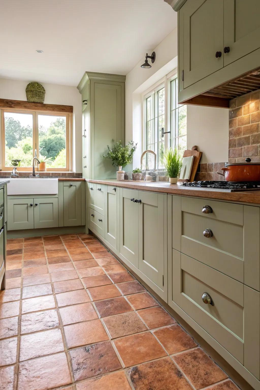 Baked clay tiling incorporates warmth to the verdant kitchen.