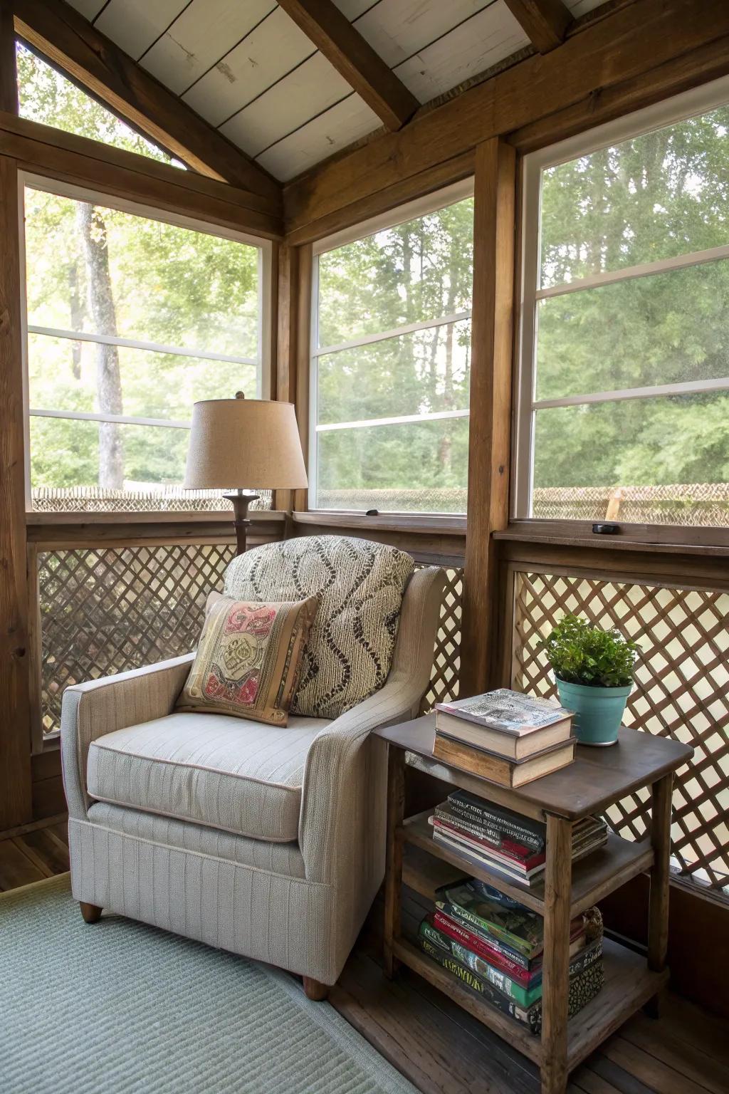 A reading alcove provides a tranquil escape.
