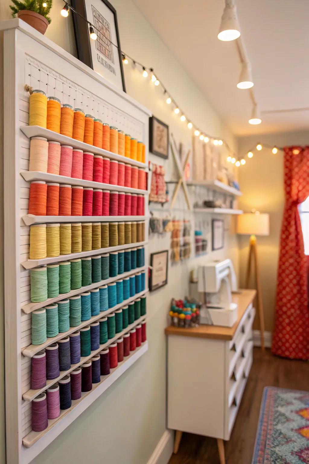 A thread display doubles as a decorative and functional element.