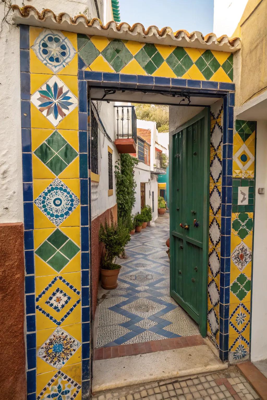 An entrance decorated with tiles, radiating Mediterranean charisma.