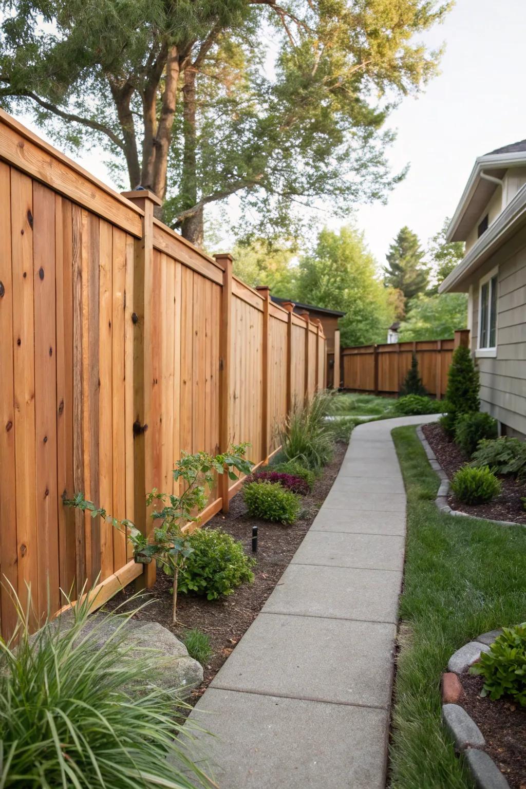 Inviting side yard with cedar plank fence.
