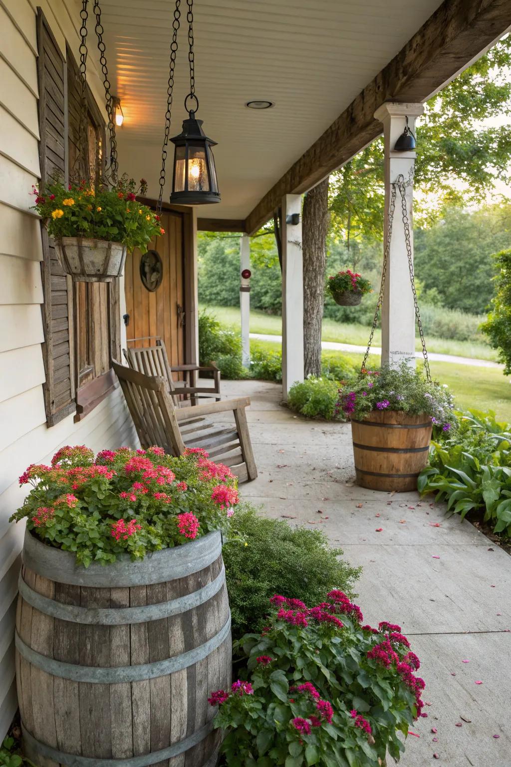 Add charm with rustic keg containers.