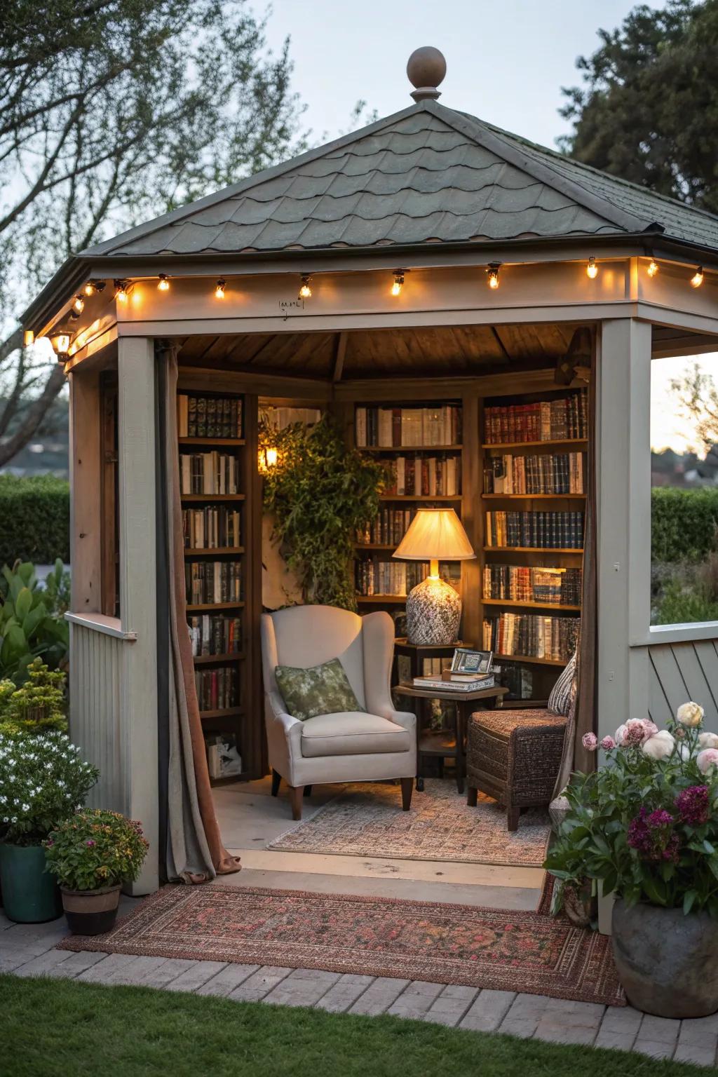 Craft a serene book corner within your gazebo.