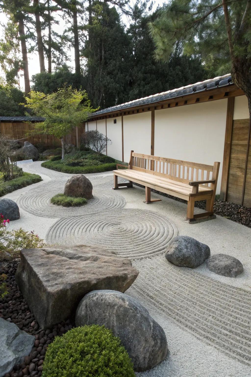 A simple wooden bench in a zen garden is great for meditation and relaxation.