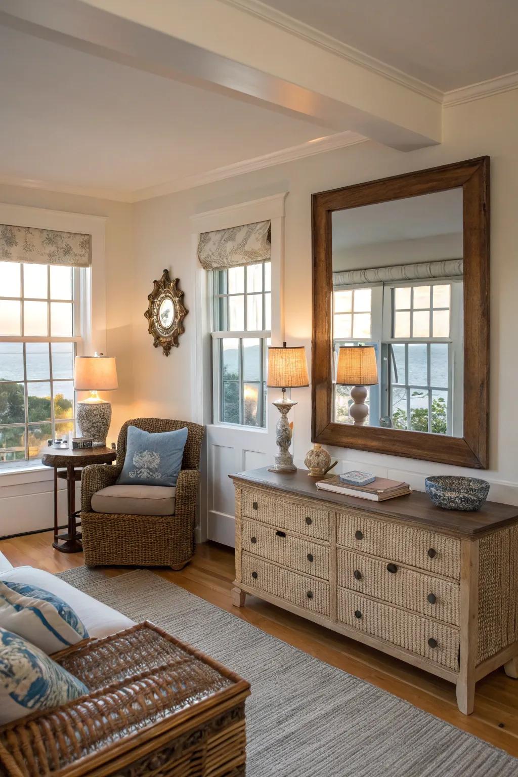 Strategically placed mirrors enhance light and space perception.