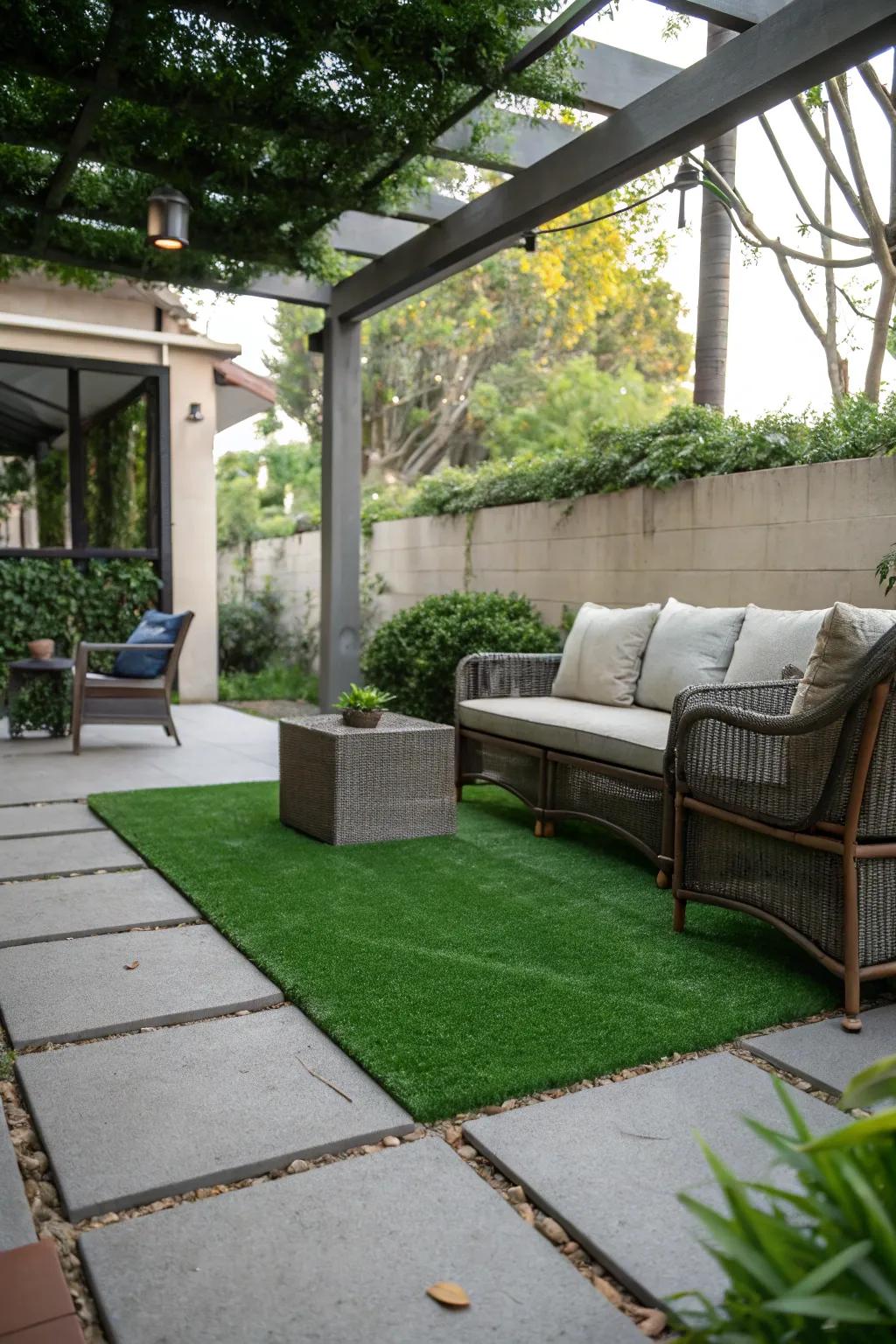 Turf rugs add greenery and comfort effortlessly.