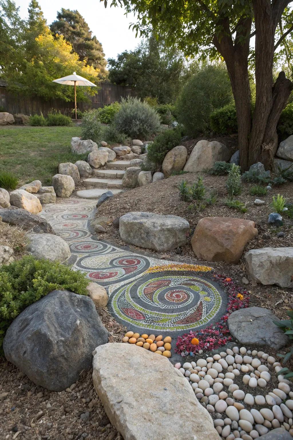 Artistic pebble patterns add a unique touch to a rock garden.