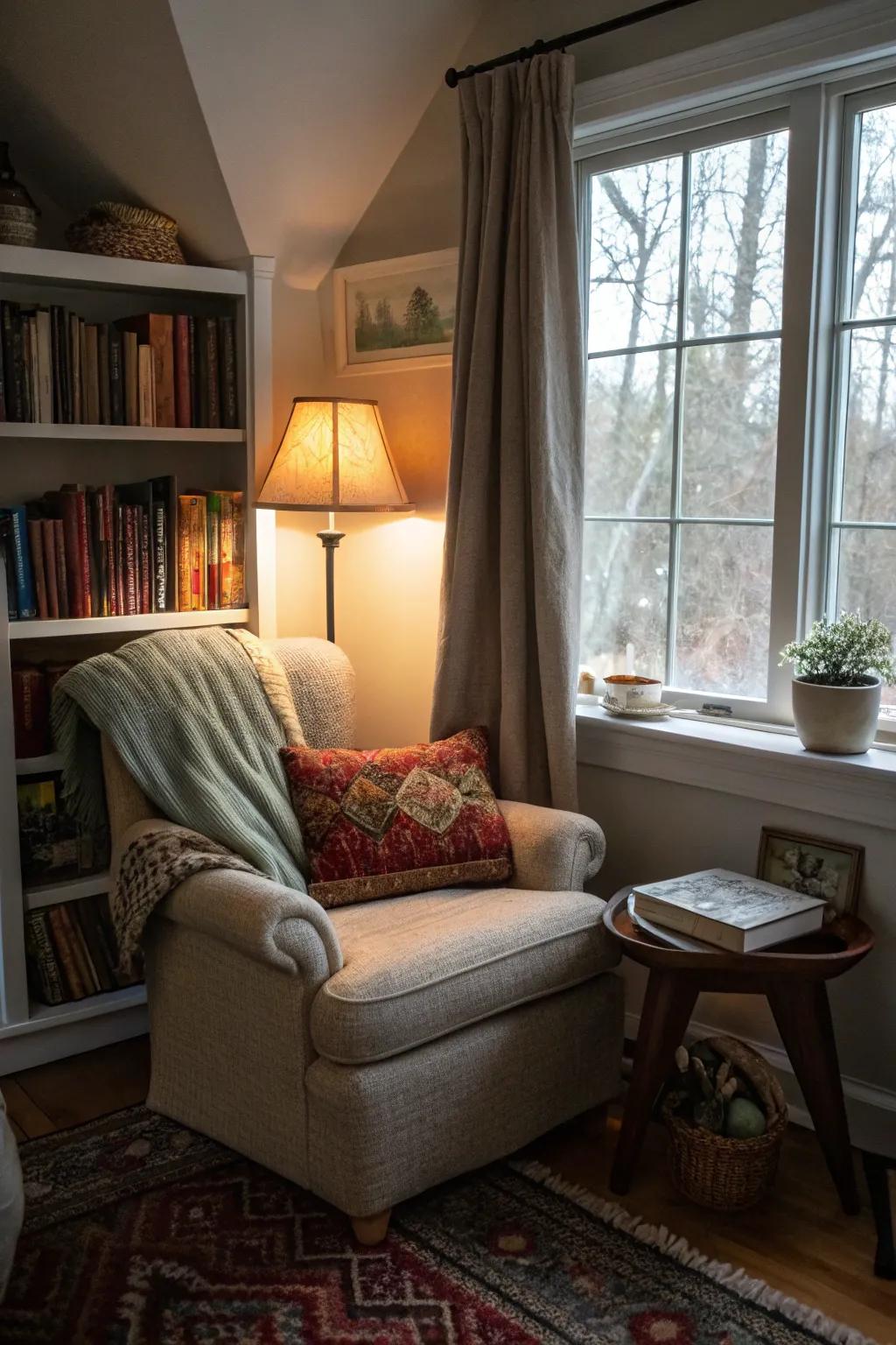 A reading nook provides a cozy escape in the den.