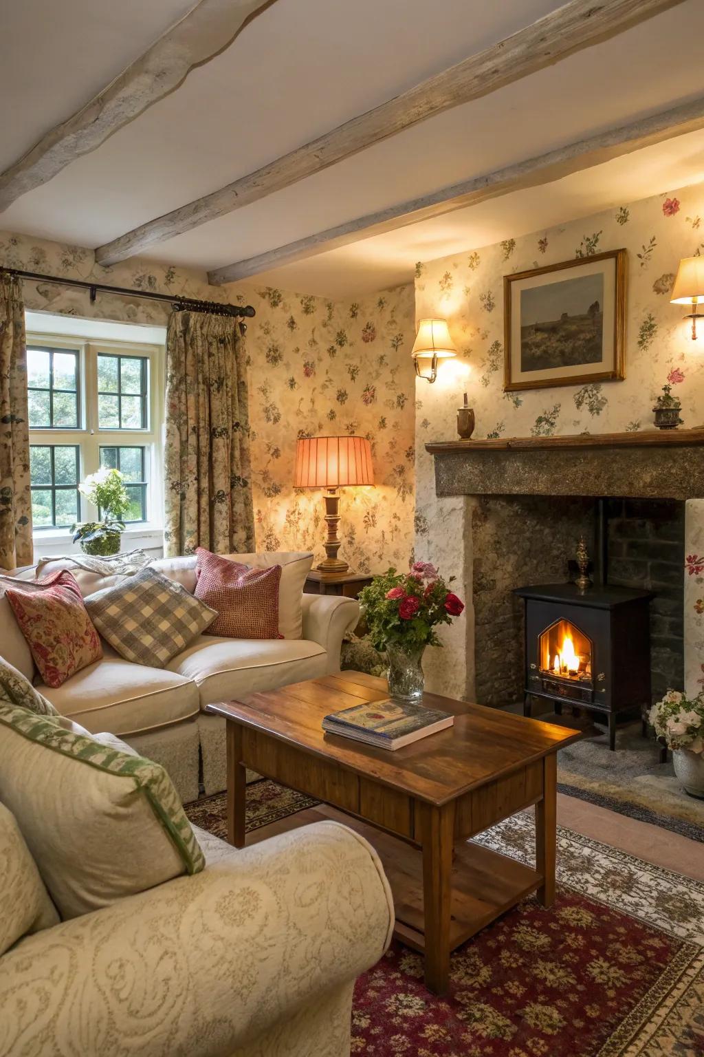 Soft table lamps provide warm lighting in this cozy cottage living room.