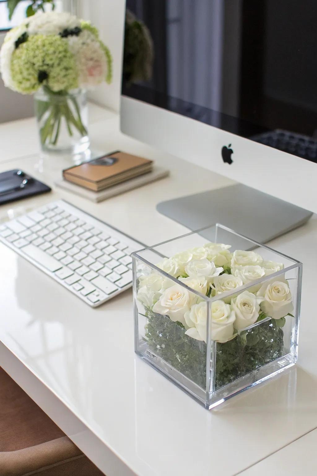 A minimalist cube vase adds a sleek touch to decor.