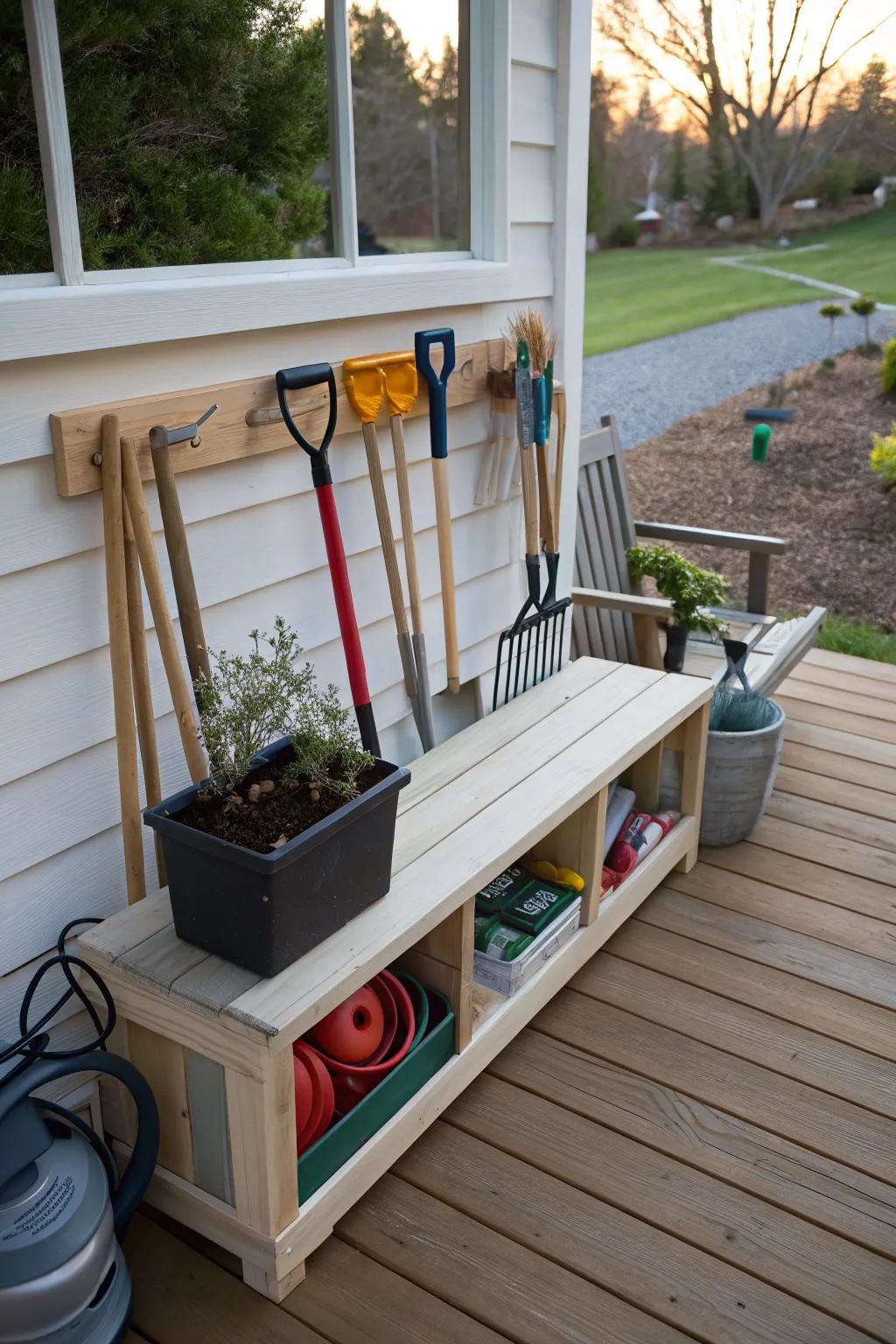 A storage bench provides seating and space-saving storage.