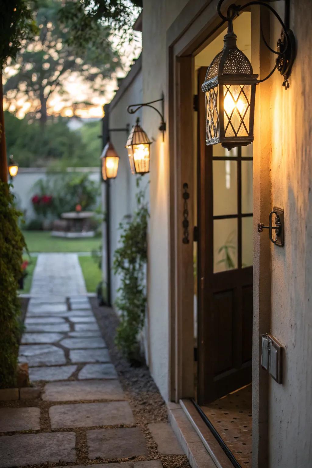 Suspended lanterns inject flair and protection to the entrance.