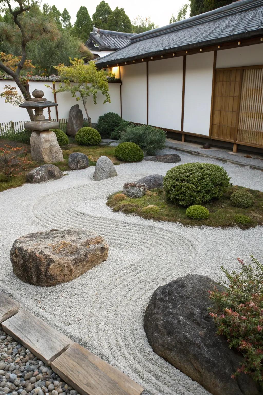 A minimalist Zen garden tenders a serene retreat through gravel and stones.
