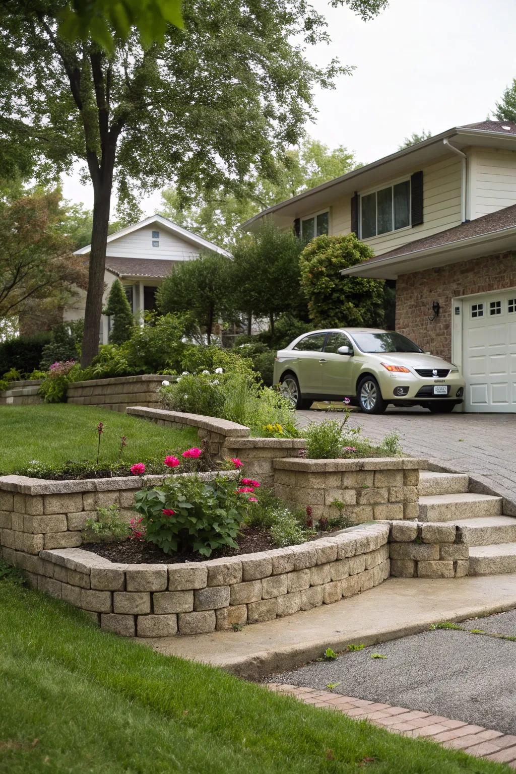 A tiered design adds depth and structure to your front yard.
