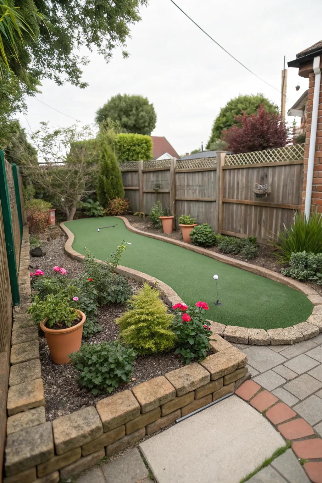 A playful mini putting surface in a compact garden.