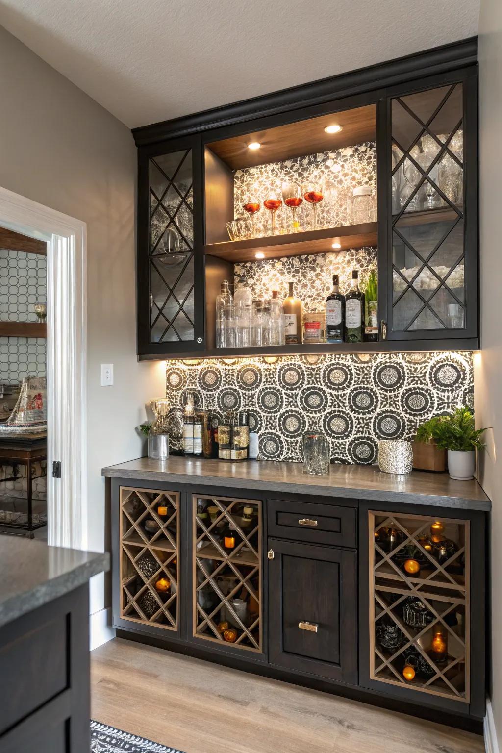Your home bar will have a modern and energetic vibe thanks to geometric patterns.