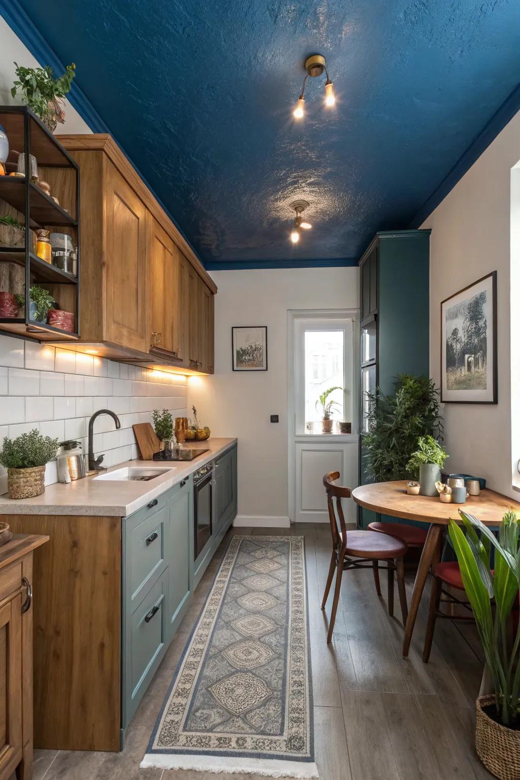 Boldly painted ceilings infuse small kitchens with vibrant personality.