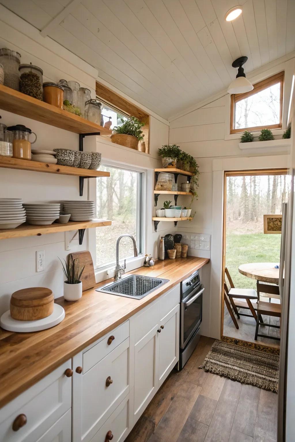 Elevated platforms facilitate practical storage within this reduced culinary area.