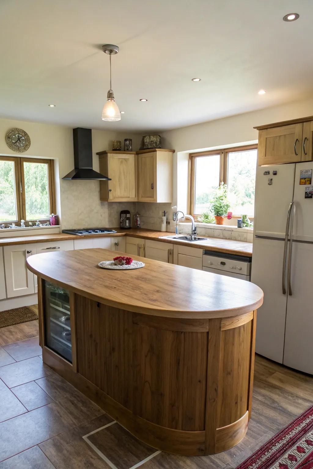 Winding islands enhance use and style to small cooking areas.