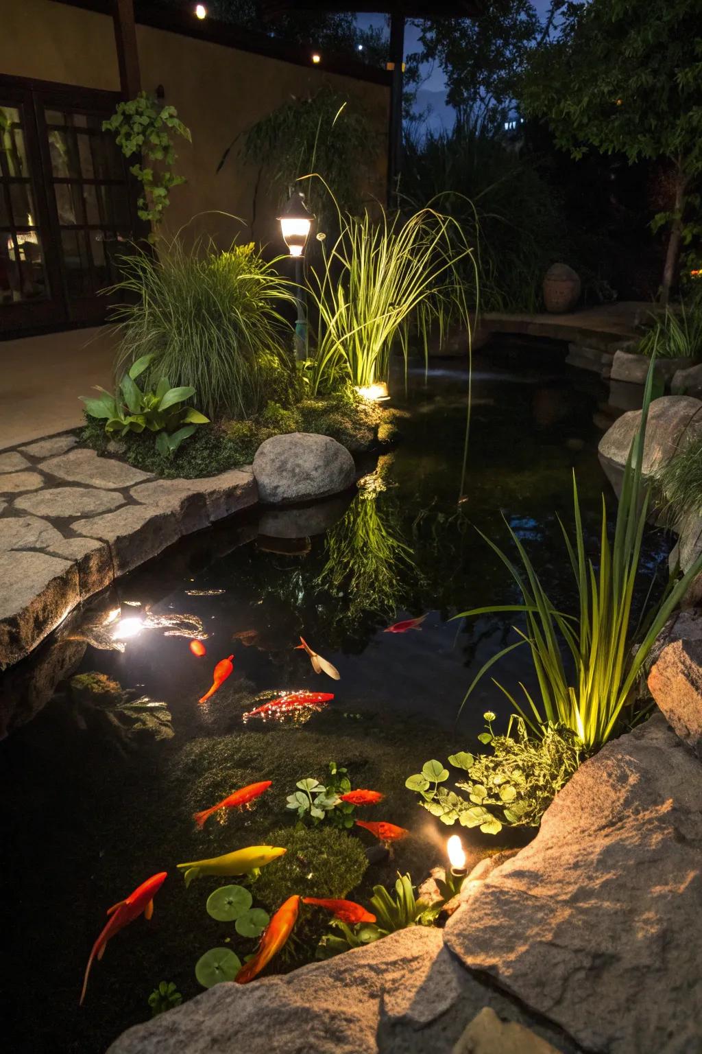 A beautifully lit koi pond changes the night.